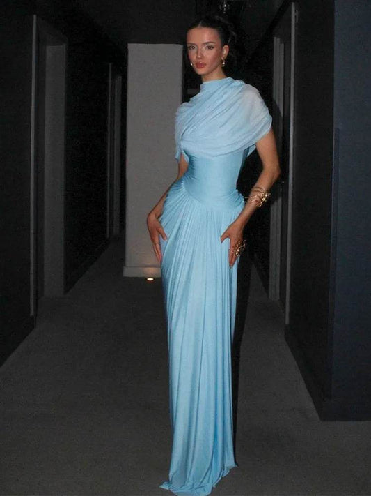 Buy Center Irregular Blue Pleated Long Dress - Elegant A-line Style - Buy Center UK