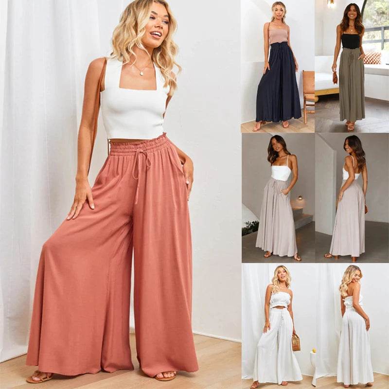Buy Center Women's Summer Wide Leg Pants - Elastic Waist & Pockets - Buy Center UK