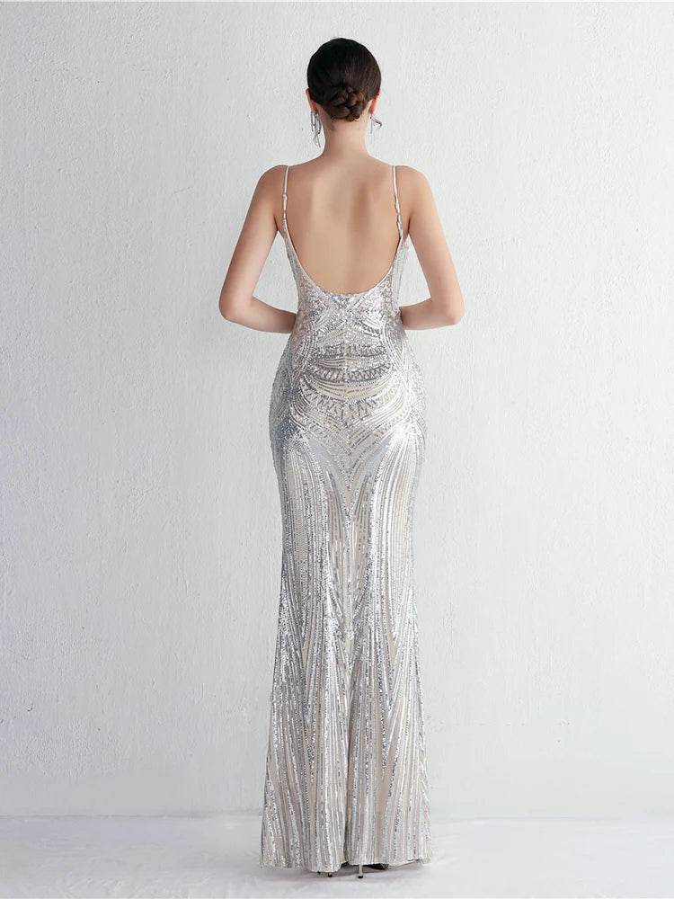 HBLL Sexy V Neck Maxi Dress - Purple Sequin Evening Gown for Parties - Buy Center UK