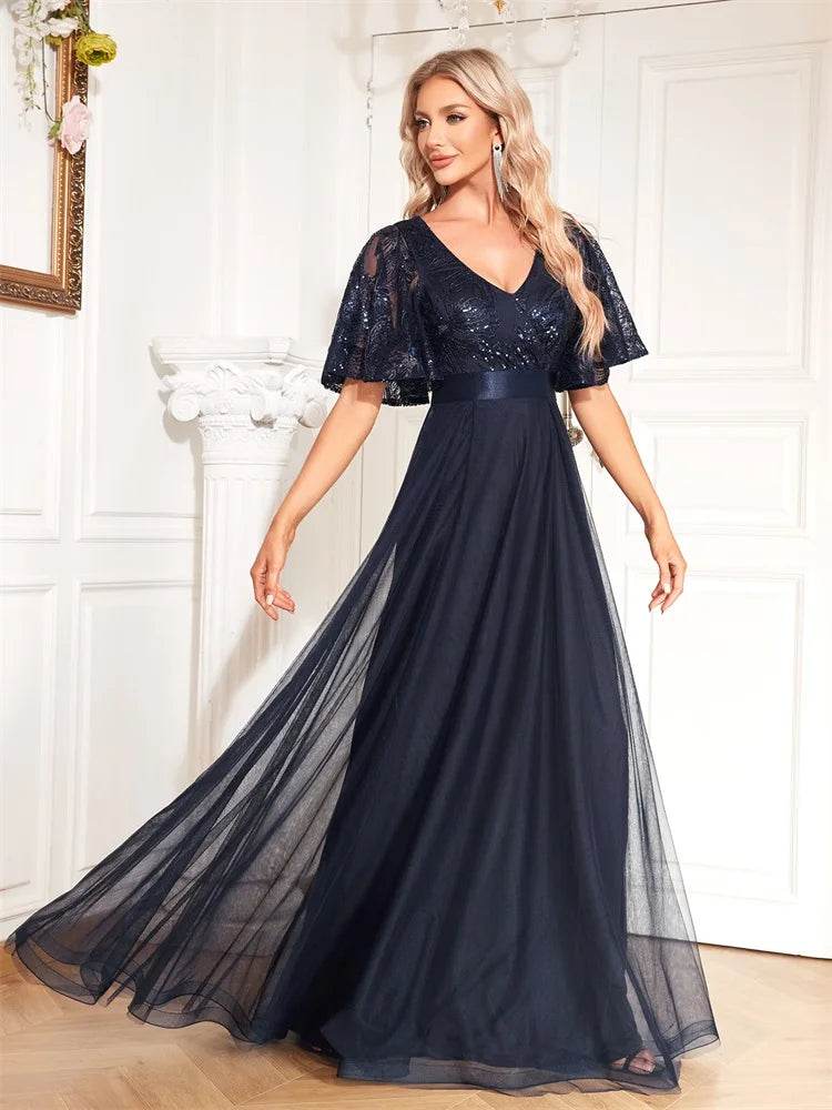 Luxury Blue V-Neck Sequins Evening Dress - Elegant Floor-Length Gown - Buy Center UK