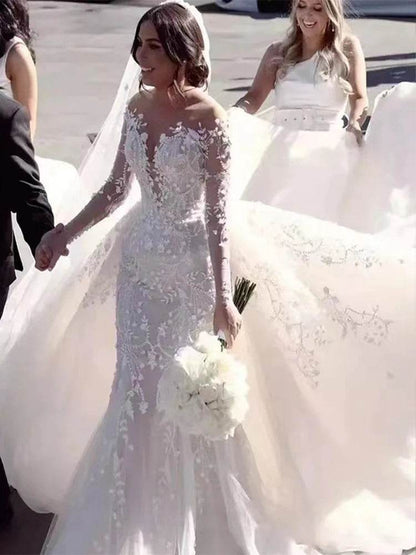 Luxury V-neck Mermaid Wedding Dress - Long Sleeves & Detachable Train - Buy Center UK