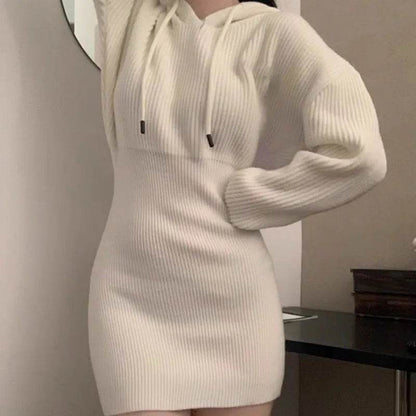 Buy Center Sexy White Knit Mini Dress - Hooded, High Waist, Long Sleeve - Buy Center UK