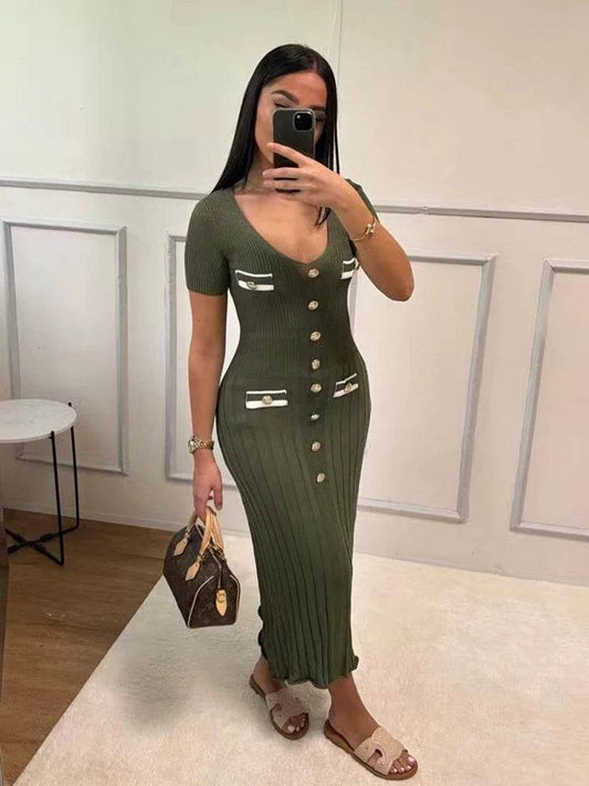 Buy Center Elegant Knitted Long Dress - V-neck Bodycon for Summer - Buy Center UK