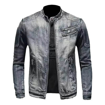 Trendy Stand Collar Zip-Up Denim Jacket for Men - Vintage Style - Buy Center UK