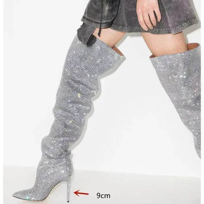 Buy Center Knee-Length Rhinestone Boots - Sexy Slim High Heels - Buy Center UK