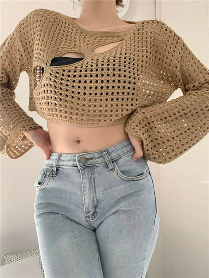 Buy Center Long Sleeve Crochet Knit Top - Summer Beach Cover-Up - Buy Center UK