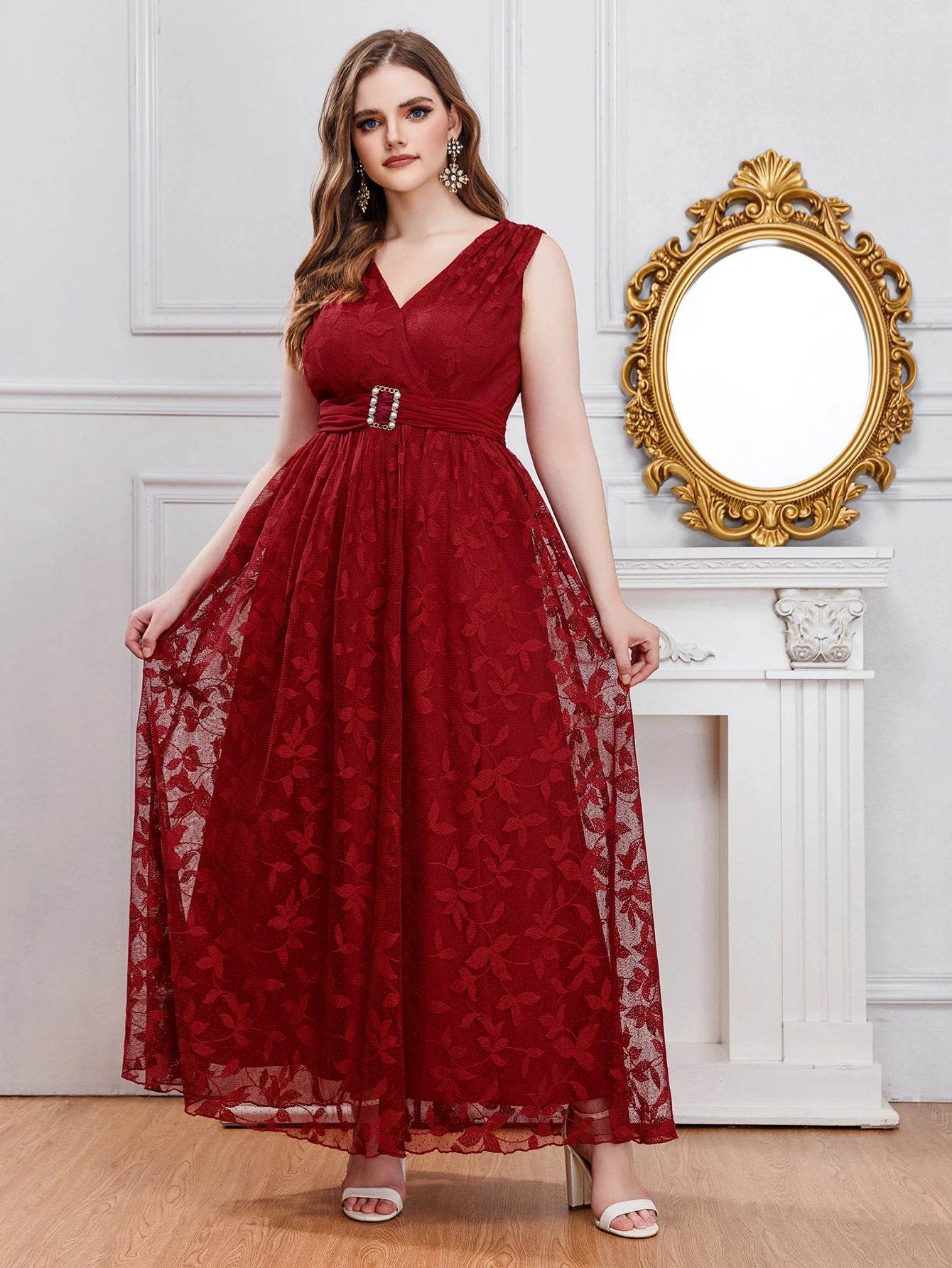 Wow! Plus Size V-Neck Lace Dress - Elegant Long Bridal Style - Buy Center UK