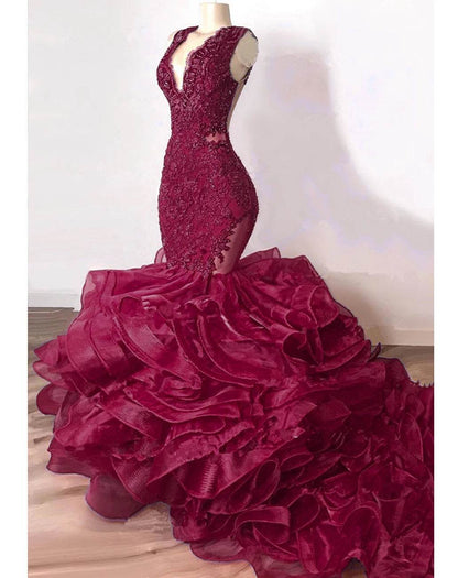 Luxury Royal Blue Lace Beaded Mermaid Dress - Ruffled Evening Gown - Buy Center UK