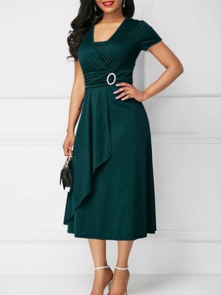 Elegant Summer Midi Dress - Women’s V Neck Asymmetric Hem Style - Buy Center UK