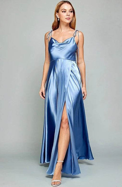 2024 Satin Bridesmaid Dress - Cowl Neck, A-Line, Leg Slit Styles - Buy Center UK