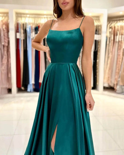 2024 Dark Green Satin Bridesmaid Dresses - Spaghetti Straps, Backless Gown - Buy Center UK