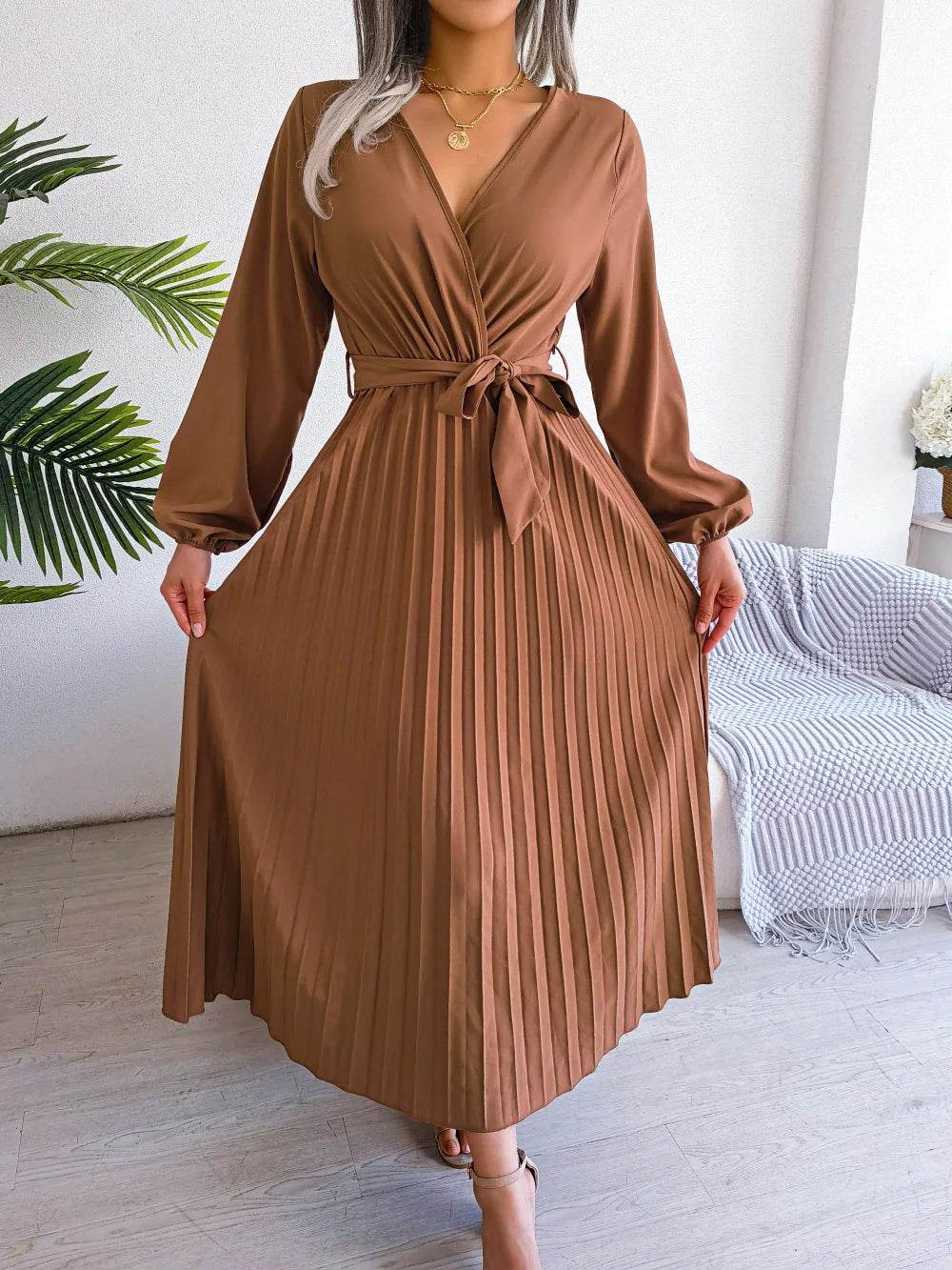 Buy Center Women’s Elegant V Neck Maxi Dress - Long Sleeve & Pleated - Buy Center UK