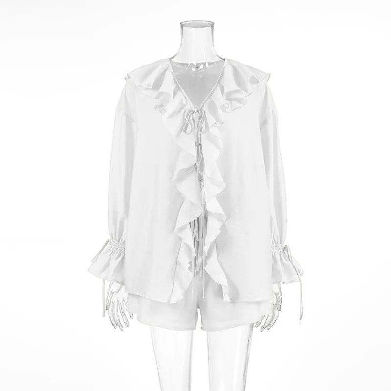 Tuularose Women's Casual Shorts Set - Ruffled Tie Top & Comfort Fit - Buy Center UK