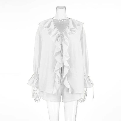 Tuularose Women's Casual Shorts Set - Ruffled Tie Top & Comfort Fit - Buy Center UK