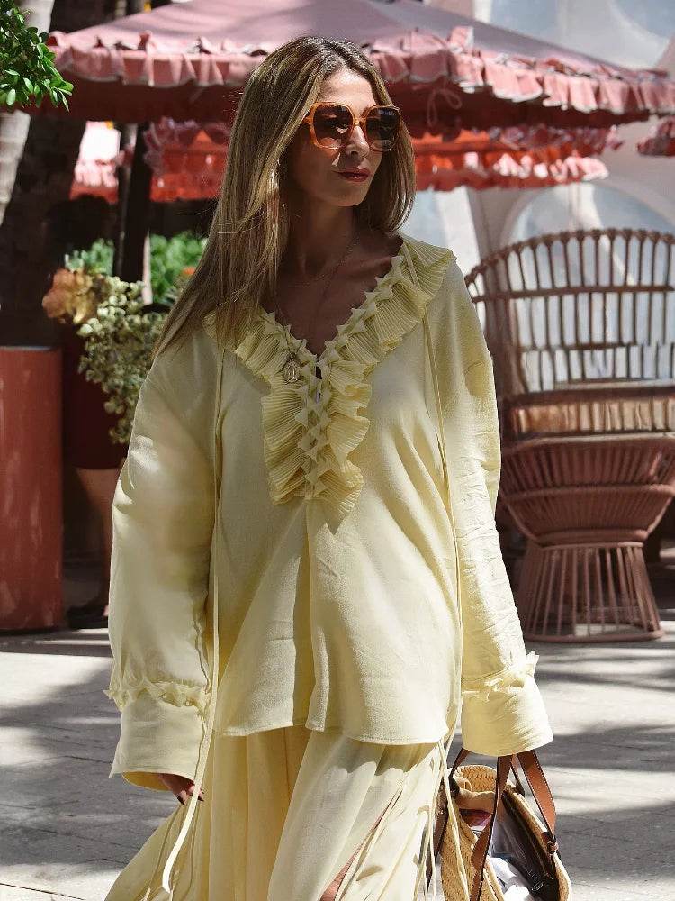 Buy Center Yellow Ruffled Lace-Up Shirt - Lightweight V Neck Blouse - Buy Center UK