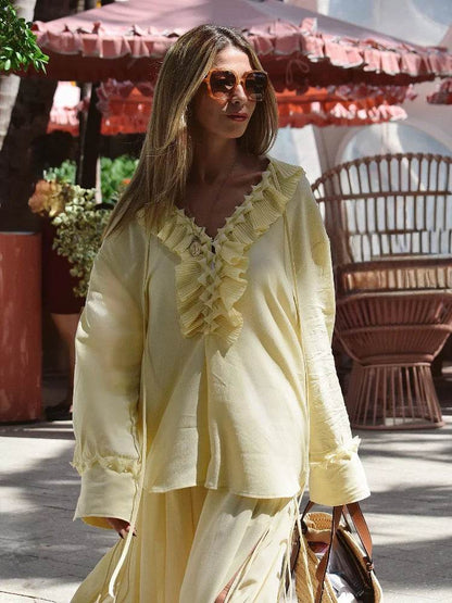 Buy Center Yellow Ruffled Lace-Up Shirt - Lightweight V Neck Blouse - Buy Center UK