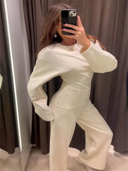 Elegant Women's Two-Piece Set - High Waist Wide Leg Trousers - Buy Center UK
