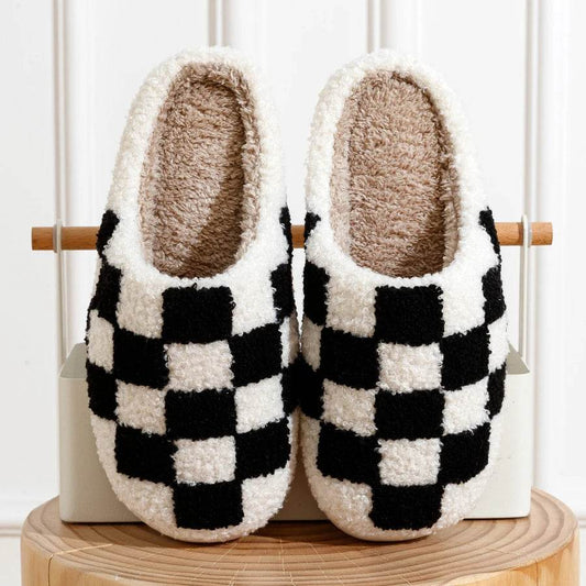 Buy Center Women's Fluffy Checker Slippers - Cozy Indoor House Shoes - Buy Center UK