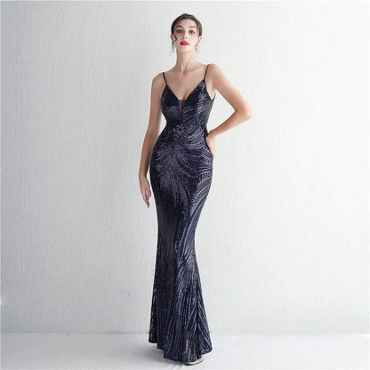 HBLL Sexy V Neck Maxi Dress - Purple Sequin Evening Gown for Parties - Buy Center UK