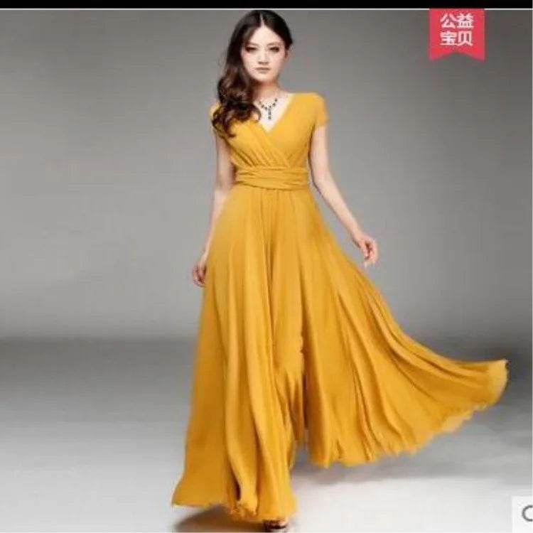 Elegant Women's Short-Sleeved Chiffon Dress - Floor-Length Bohemian Style - Buy Center UK