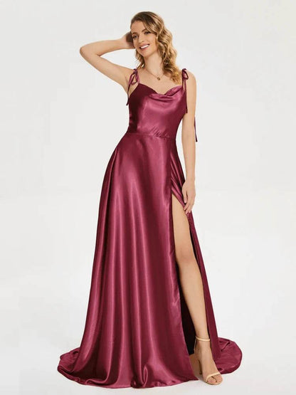 2024 Satin Bridesmaid Dress - Cowl Neck, A-Line, Leg Slit Styles - Buy Center UK
