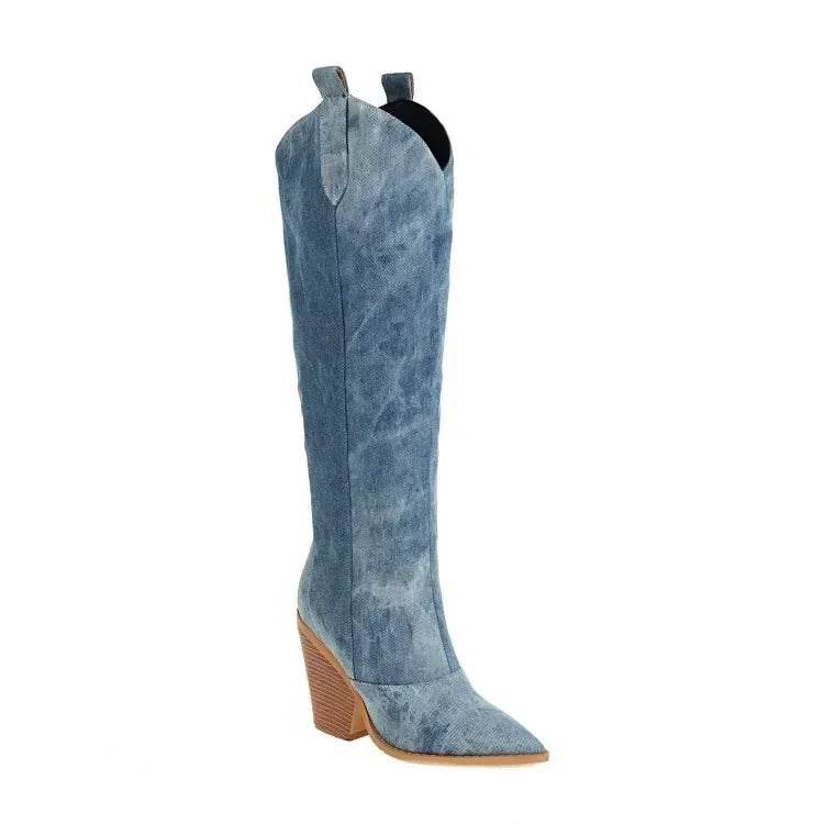 Buy Center Denim Western Knee High Boots - Stylish High Heel Design - Buy Center UK