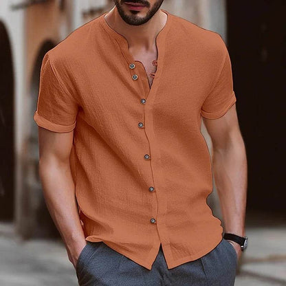 Buy Center Men's Short-Sleeved Cotton Hemp Shirt - Retro Solid Colors - Buy Center UK