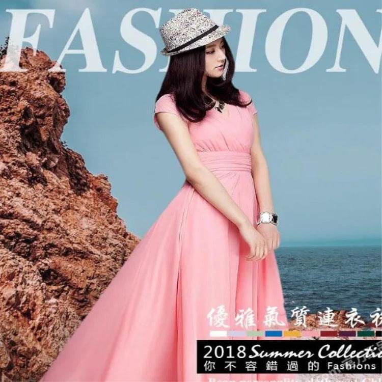 Elegant Women's Short-Sleeved Chiffon Dress - Floor-Length Bohemian Style - Buy Center UK