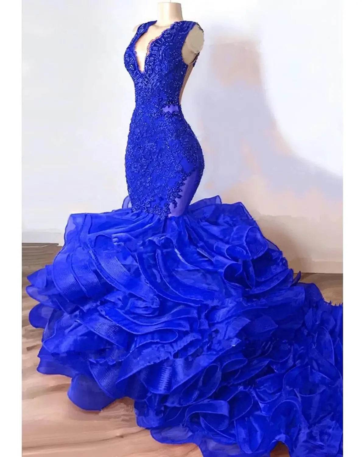Royal Blue Lace Beaded Mermaid Dress - Elegant Puffy Ruffles - Buy Center UK