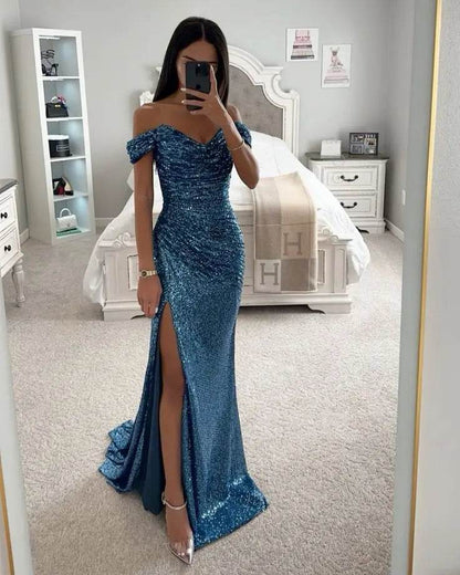 Chic Off-Shoulder Sequin Maxi Dress - Elegant Mermaid Gown 2025 - Buy Center UK