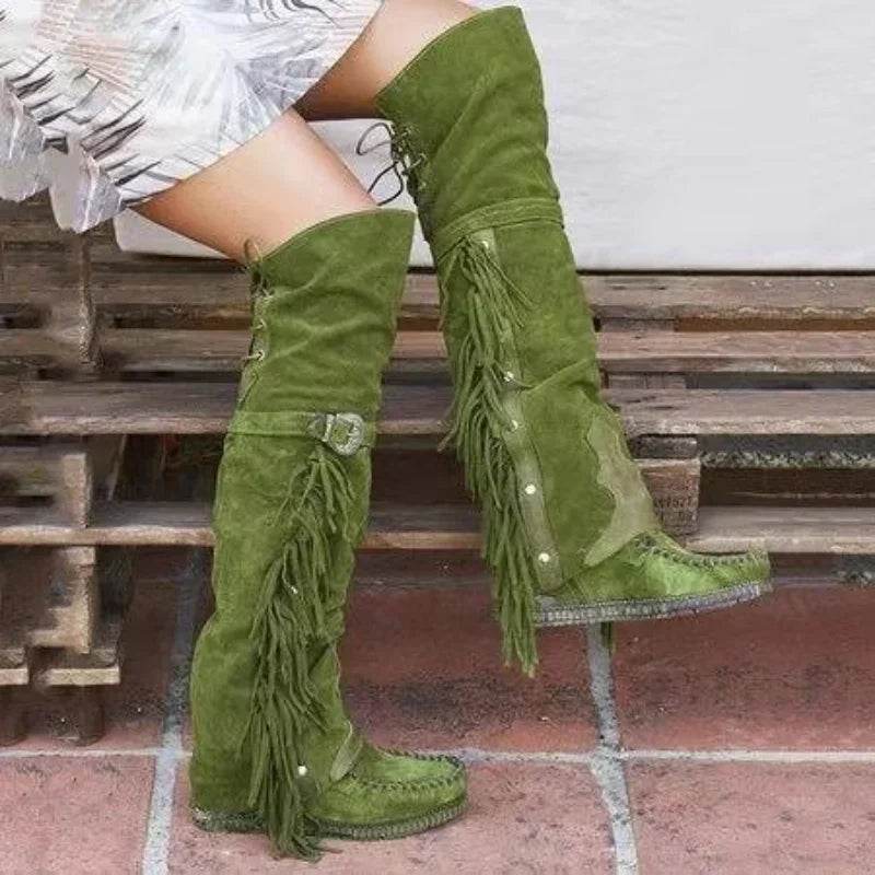 Buy Center Bohemian Knee-Length Boots - Faux Suede with Fringes - Buy Center UK