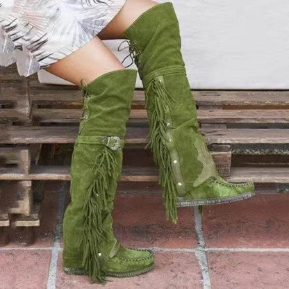 Buy Center Bohemian Knee-Length Boots - Faux Suede with Fringes - Buy Center UK