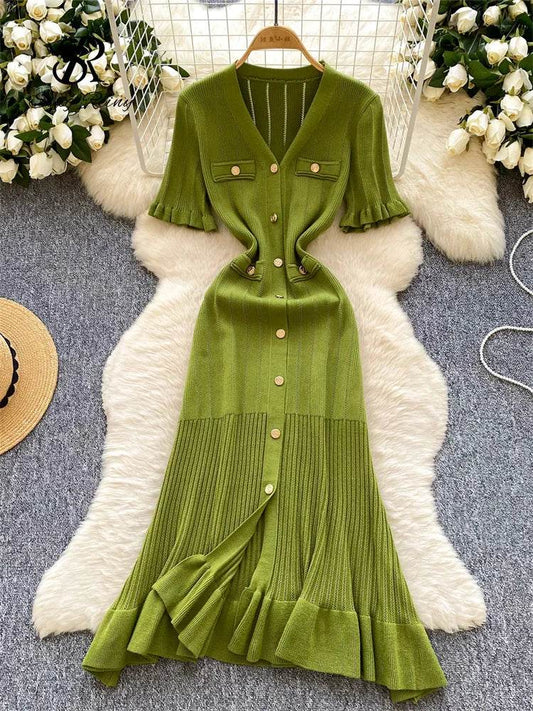 SINGREINY Women’s V Neck Button Knit Dress - Slim Mermaid Style - Buy Center UK