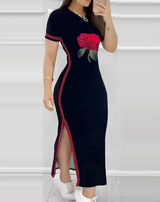 Buy Center Women's Summer A-Line Dress - Striped Rose Print & Side Slit - Buy Center UK
