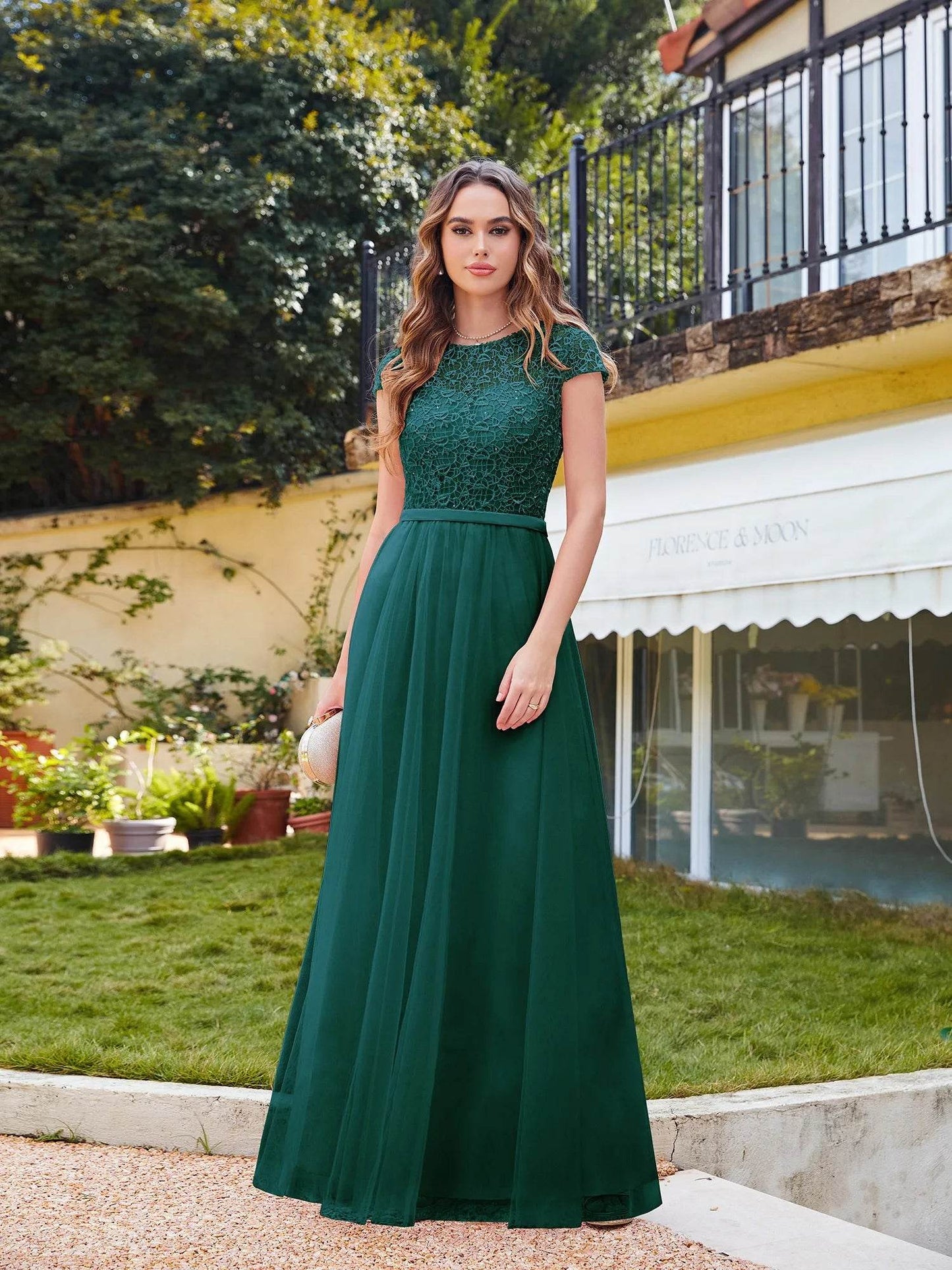 Buy Center A-line Lace Dress - Scoop Neck, Elegant Short Sleeves - Buy Center UK