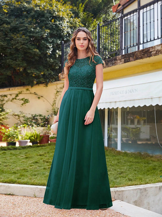 Buy Center A-line Lace Dress - Scoop Neck, Elegant Short Sleeves - Buy Center UK