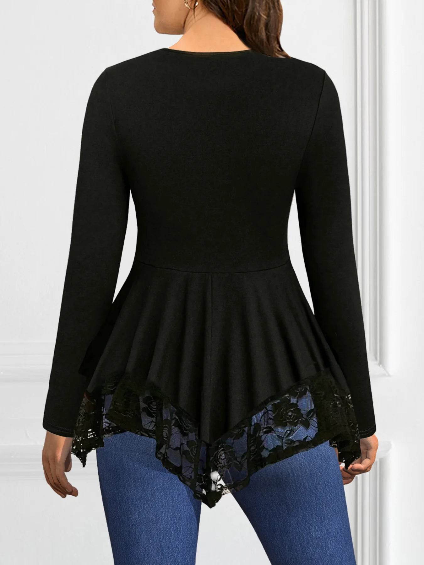 Buy Center Women’s Long Sleeve T-Shirt - Black Lace-Up V-Neck Top - Buy Center UK