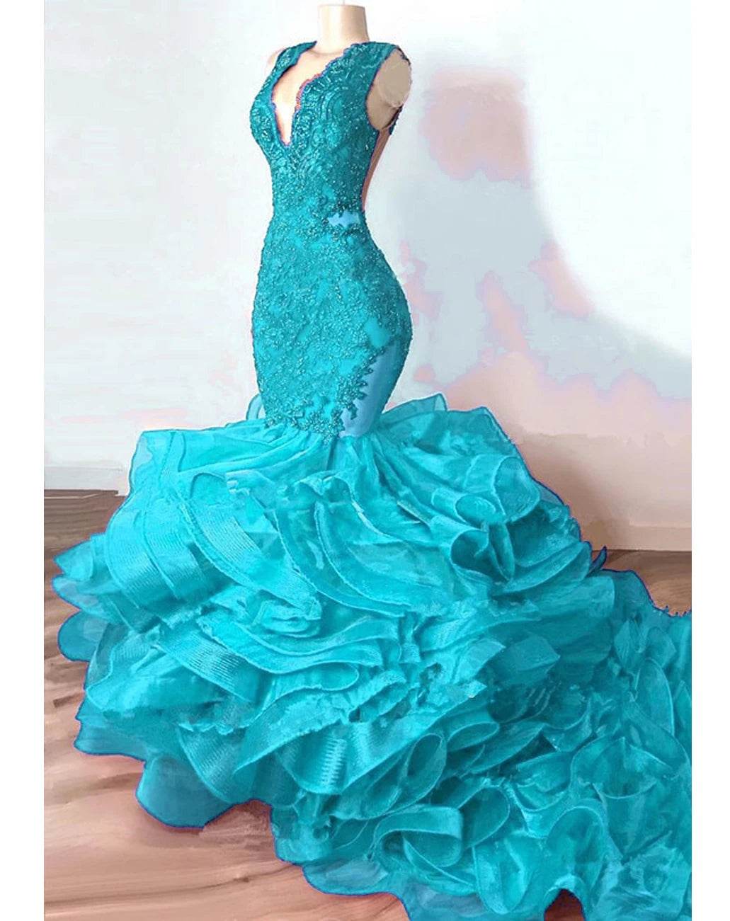 Luxury Royal Blue Lace Beaded Mermaid Dress - Ruffled Evening Gown - Buy Center UK