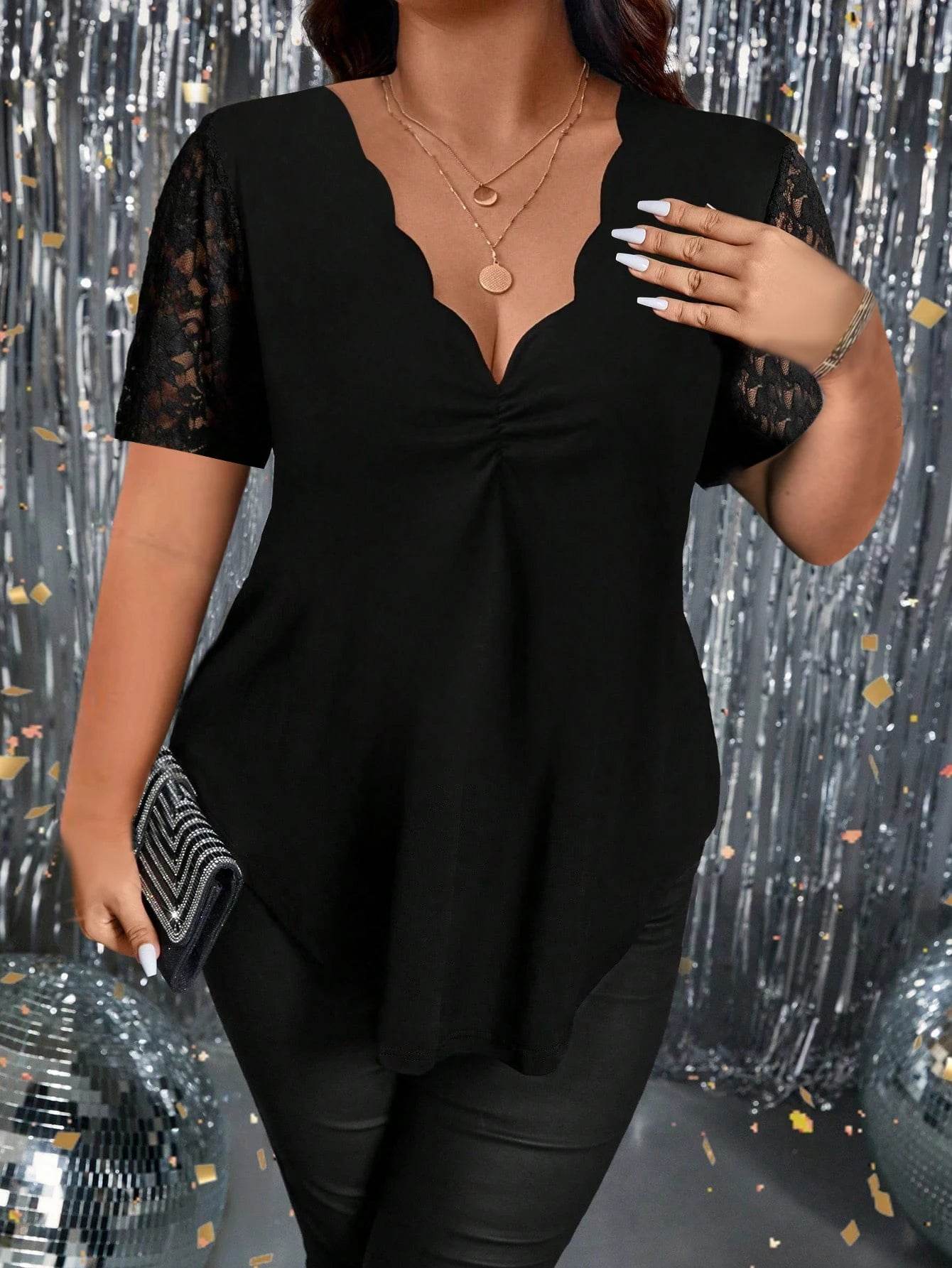 Buy Center Plus Size Wave V-Neck Lace Top - Elegant Casual Blouse - Buy Center UK
