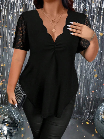 Buy Center Plus Size Wave V-Neck Lace Top - Elegant Casual Blouse - Buy Center UK
