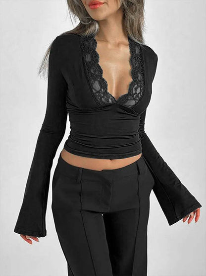 Buy Center Spring Women's T-Shirt - Elegant Lace Deep V-Neck - Buy Center UK