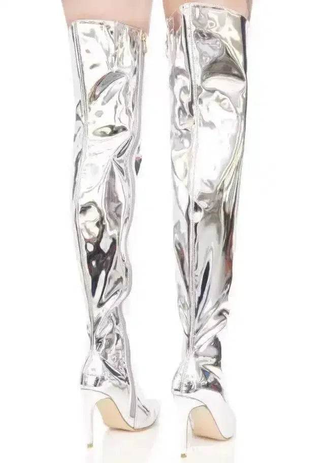 Buy Center Women’s Pointy Toe Over the Knee Boots - Silver Punk Heels - Buy Center UK
