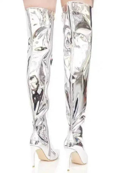 Buy Center Women’s Pointy Toe Over the Knee Boots - Silver Punk Heels - Buy Center UK