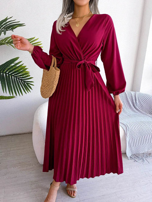Buy Center Women’s Elegant V Neck Maxi Dress - Long Sleeve & Pleated - Buy Center UK
