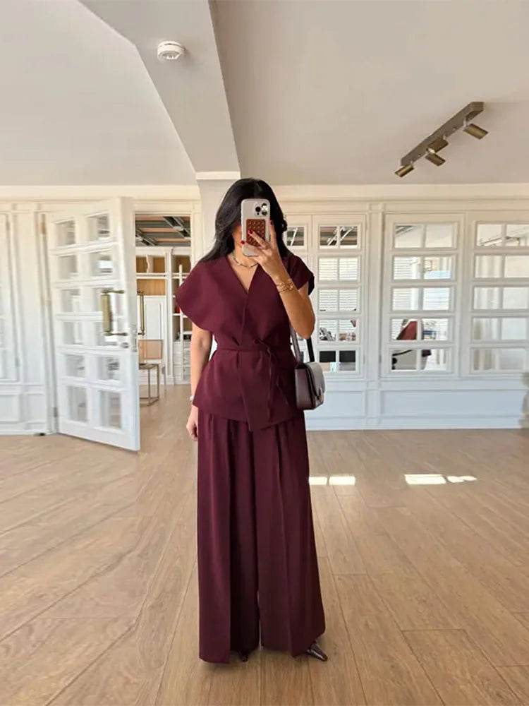 Buy Center Women's Loose Lace Up Shirt and Wide-Leg Pants Set - Buy Center UK