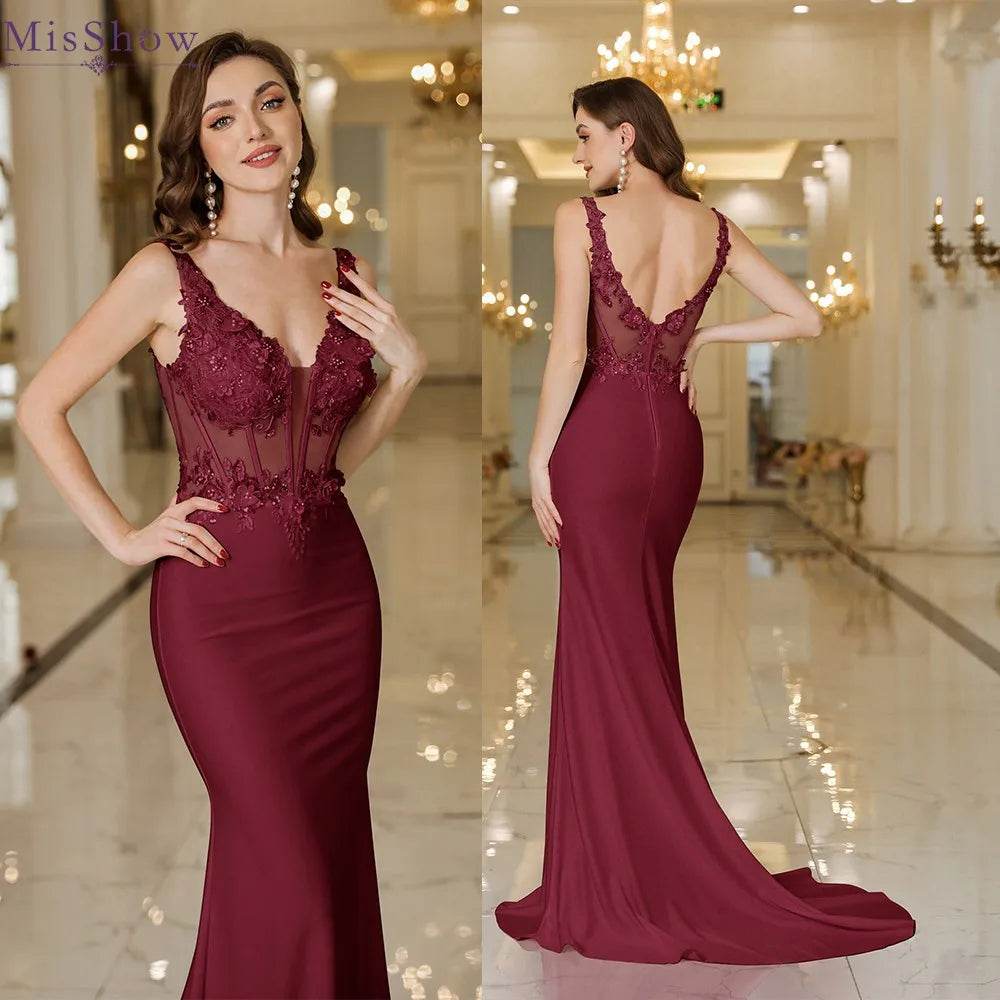 BABYONLINE Burgundy Mermaid Evening Dress - Elegant V Neck Gown - Buy Center UK