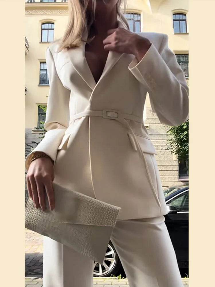 Women's Blazer Suit Trouser Set - High Waist Pants & Lace-Up Coat - Buy Center UK