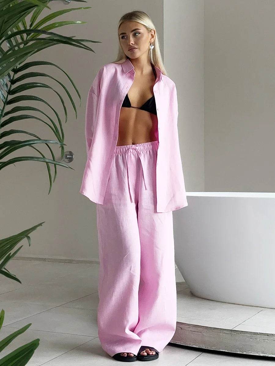 Buy Center Women's Casual Cotton Linen Pant Set - Chic Long Sleeve - Buy Center UK