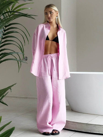 Buy Center Women's Casual Cotton Linen Pant Set - Chic Long Sleeve - Buy Center UK