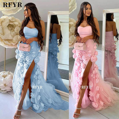RFYR Pink Mermaid Prom Dress - 3D Flower Design, Side Slit Gown - Buy Center UK